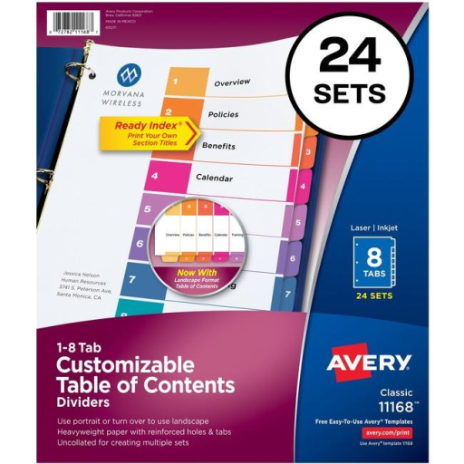Intercalaires Avery Ready Index Table des matières, 8 onglets, 25 jeux