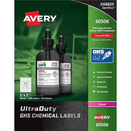 Étiquettes industrielles Avery Laser UltraDuty, 2" x 2", permanentes, blanches, 50 feuilles/boîte, 600 étiquettes/boîte