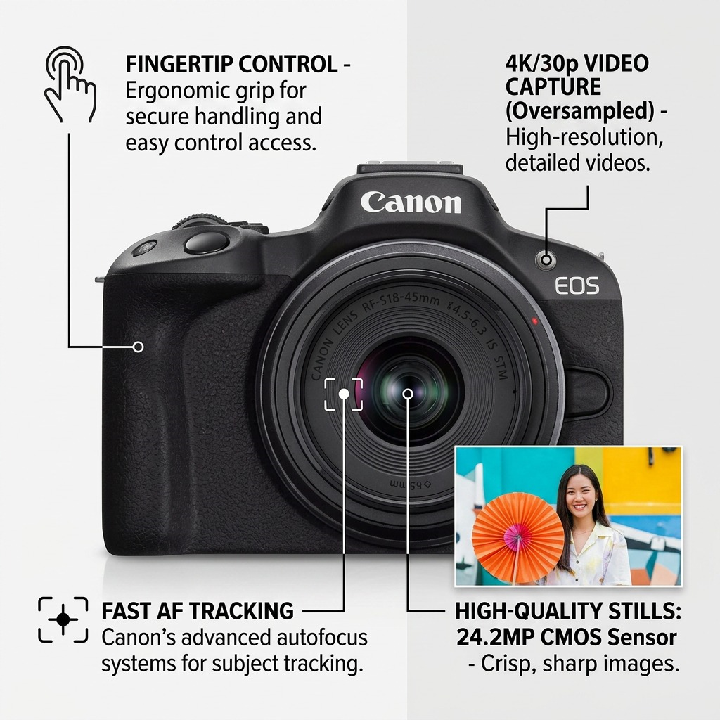 Canon 5811C012 – EOS R50 STM Kit with Rf-S 18-45mm – 24.2MP 4K Mirrorless Camera