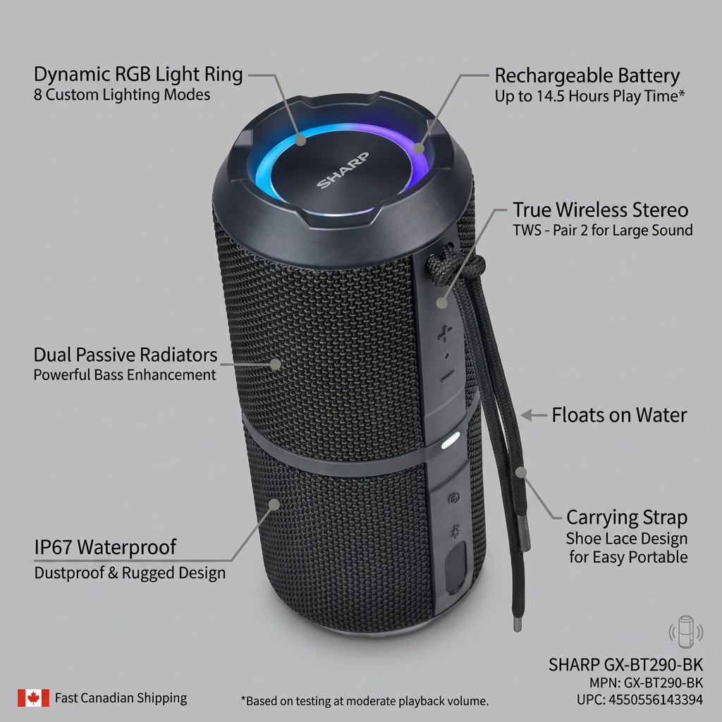 Sharp GX-BT290-BK Crystal Clear Series Portable Bluetooth Speaker - 32W, IP67 Waterproof with RGB Lights, Black