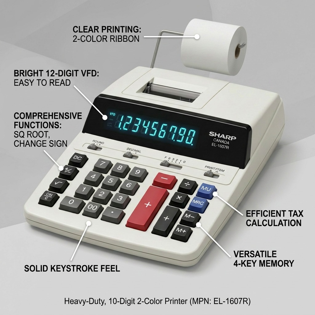 Sharp EL-1607R Heavy - Duty Desktop Printing Calculator - 10-Digit 2-Color Printer