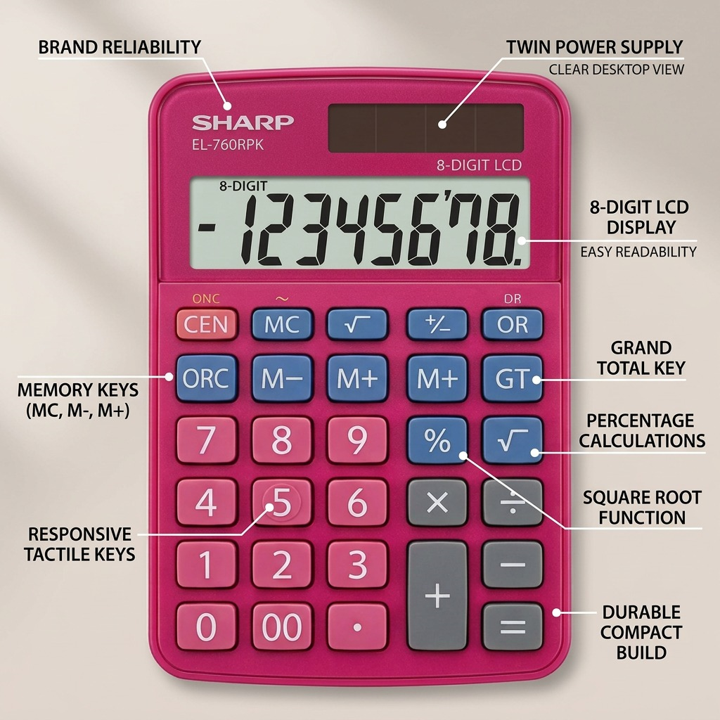Sharp EL-760RPK Twin Power XL 8-Digit Display Desktop Calculator - Stylish Raspberry Pink Finish