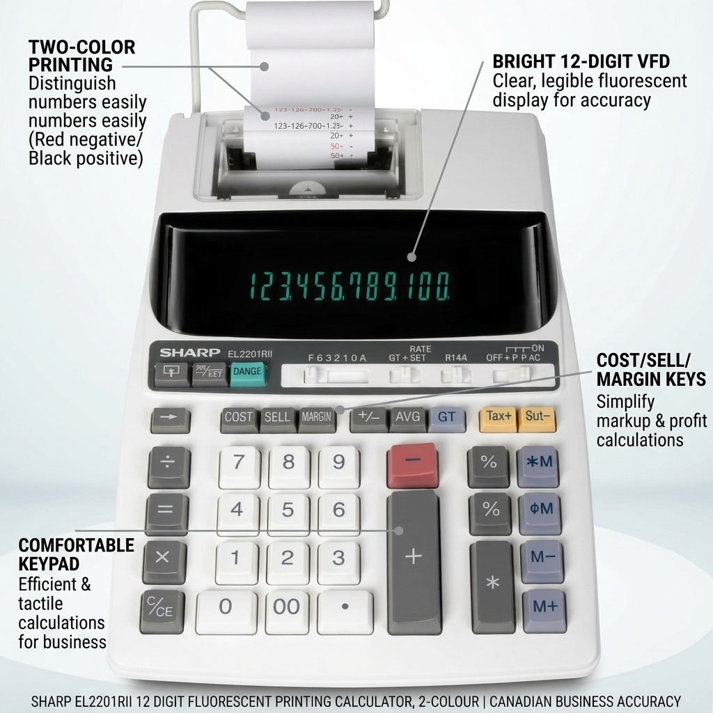Sharp EL-2201RII 12 Digit Fluorescent Printing Calculator, 2-Colour