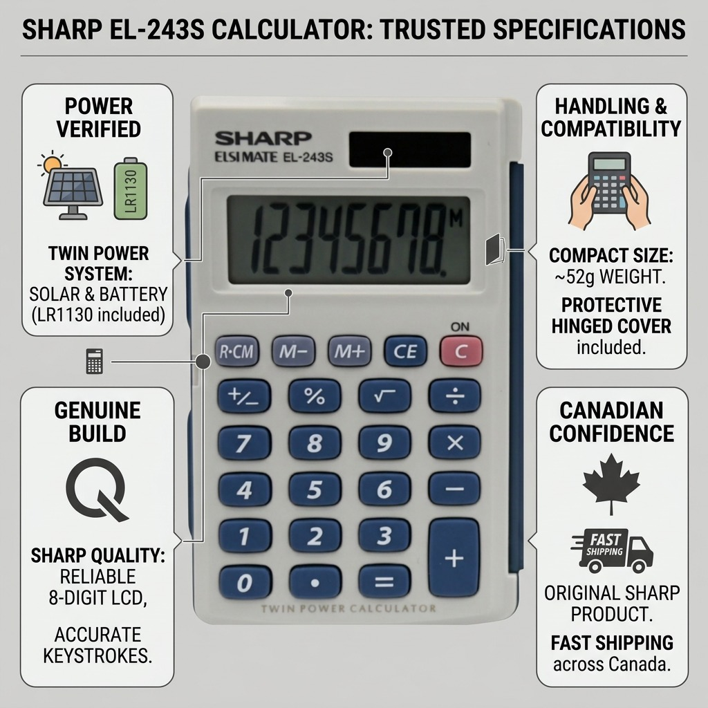Sharp EL-243S 8-Digit Hand-Held Calculator - Twin Power Solar & Battery with Protective Cover