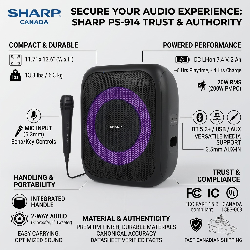 Sharp PS-914 Compact Portable Party Speaker - 20W Rms, Bluetooth 5.3 & LED Lights