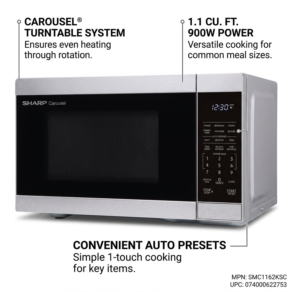 Sharp SMC1162KSC Carousel Countertop Microwave Oven - 1.1 cu. ft. 900W Stainless Steel