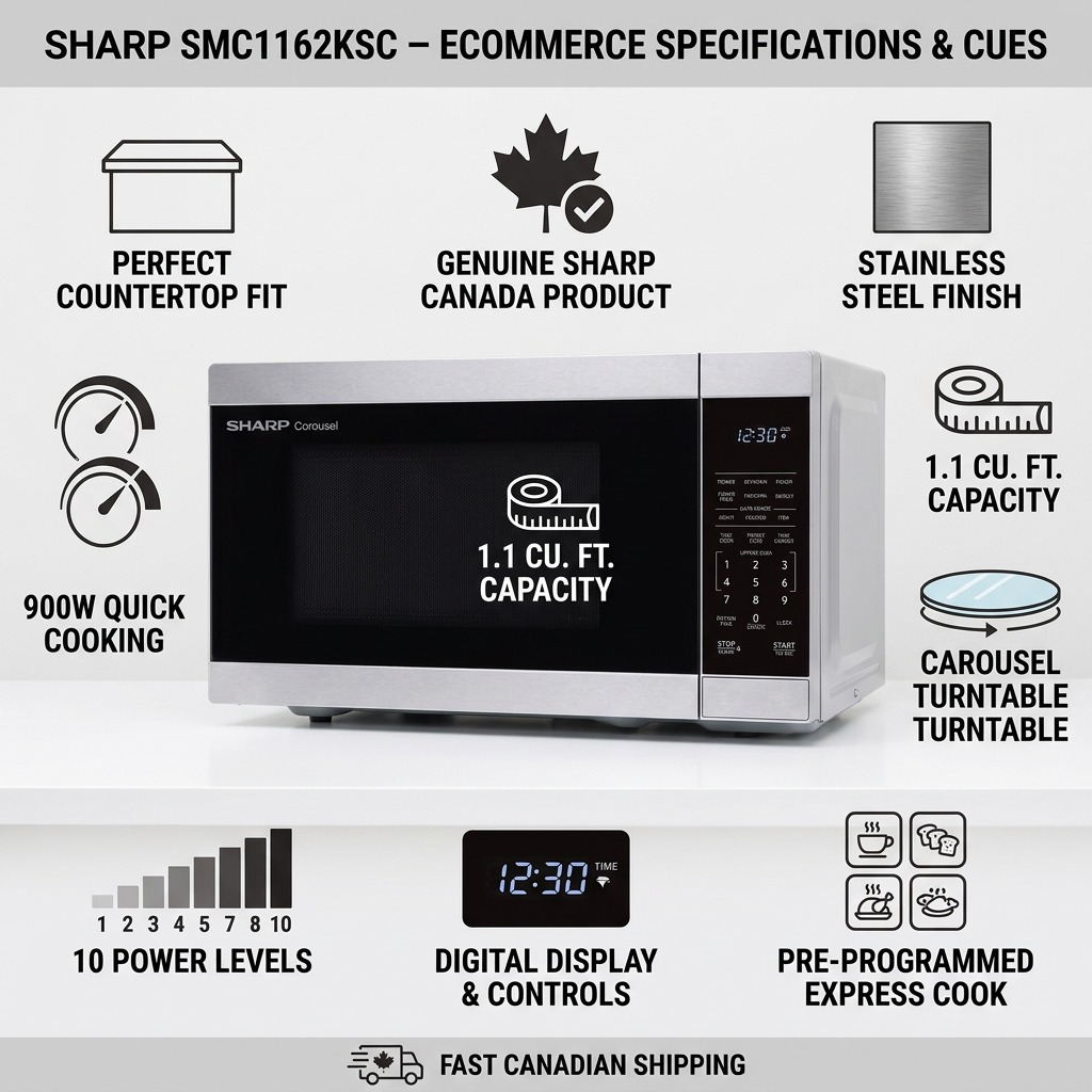 Sharp SMC1162KSC Carousel Countertop Microwave Oven - 1.1 cu. ft. 900W Stainless Steel