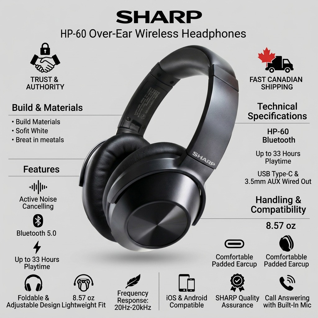 Sharp HP-60 Over - Ear Wireless Headphones with Active Noise Cancellation & 20-Hour Battery Life