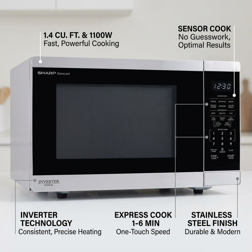 Sharp SMC1464KSC Carousel Countertop Microwave Oven with Inverter Technology 1.4 cu. ft. 1100W Stainless Steel