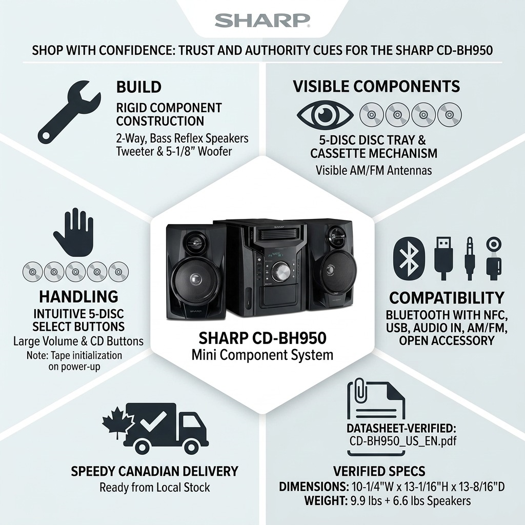 Sharp CD-BH950 240W 5-Disc Mini Shelf Speaker System with Cassette and Bluetooth Audio