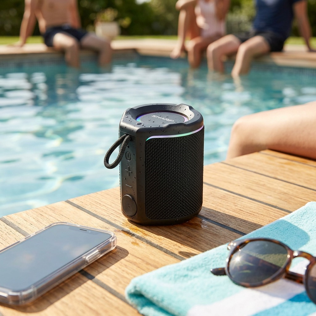 Sharp GX-BT190-BK Ultra - Portable Bluetooth Speakers - IP67 Waterproof & Dustproof, 15-Hour Battery, LED Mood Lighting - Black