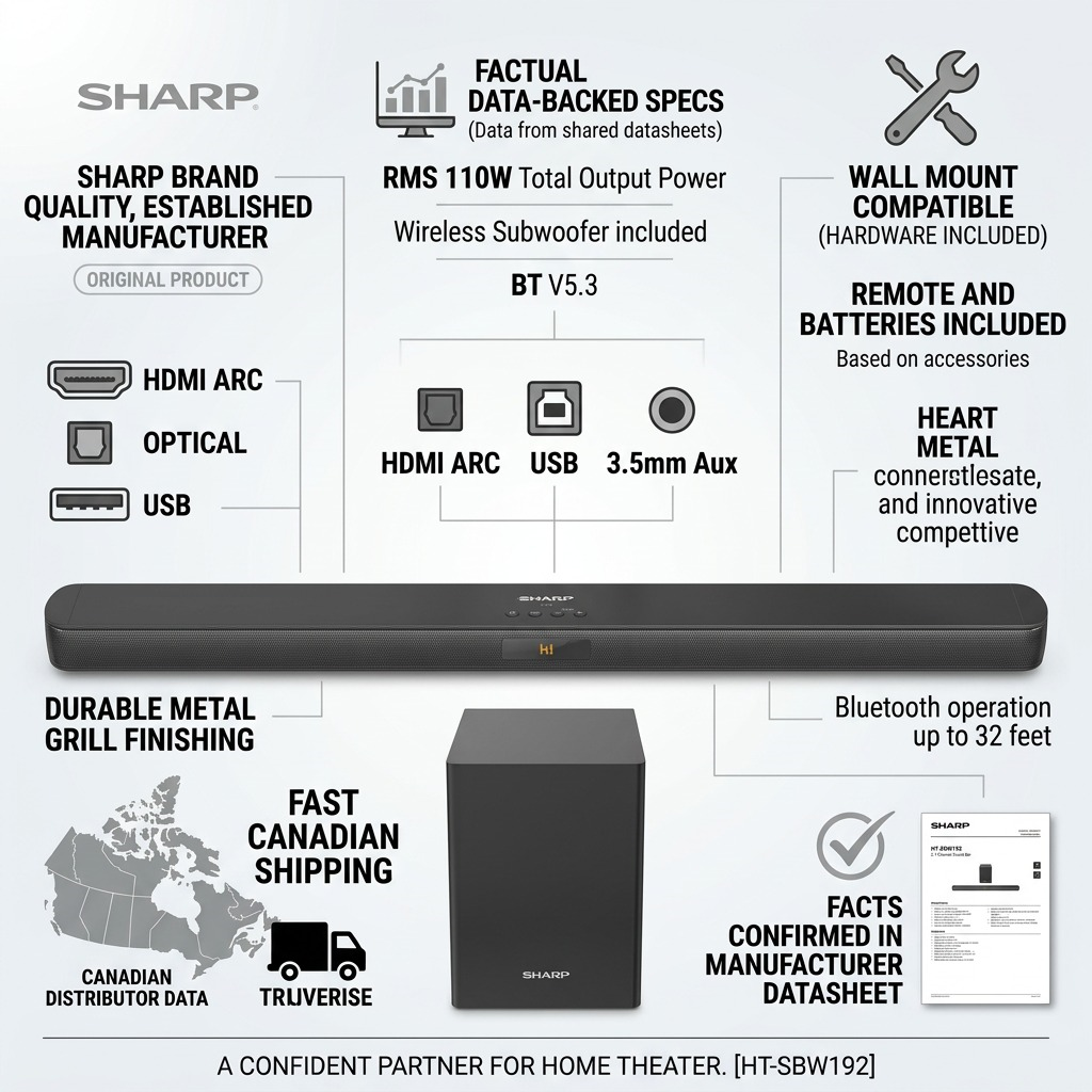 Sharp HT-SBW192 2.1-Channel Sound Bar - Wireless Subwoofer, Bluetooth, HDMI ARC