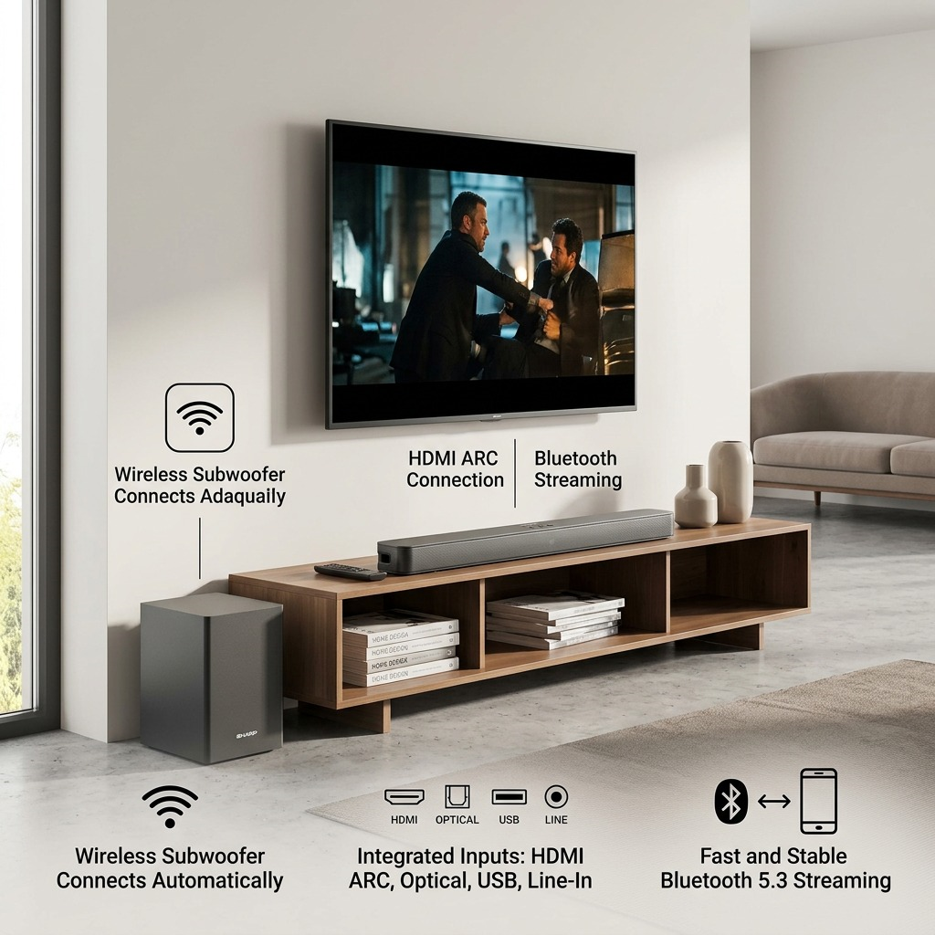 Sharp HT-SBW192 2.1-Channel Sound Bar - Wireless Subwoofer, Bluetooth, HDMI ARC