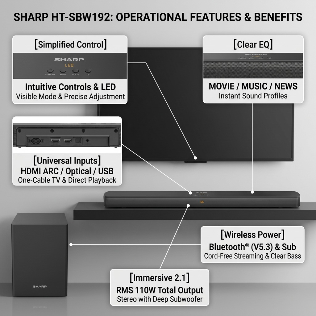 Sharp HT-SBW192 2.1-Channel Sound Bar - Wireless Subwoofer, Bluetooth, HDMI ARC