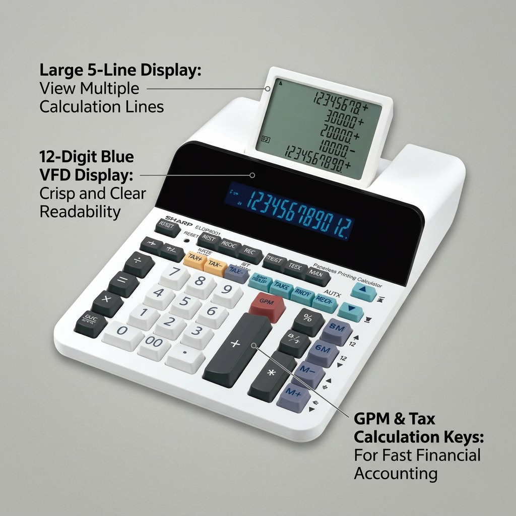 Sharp EL-DP9001 12 Digit 5 Line Display Paperless Printing Calculator