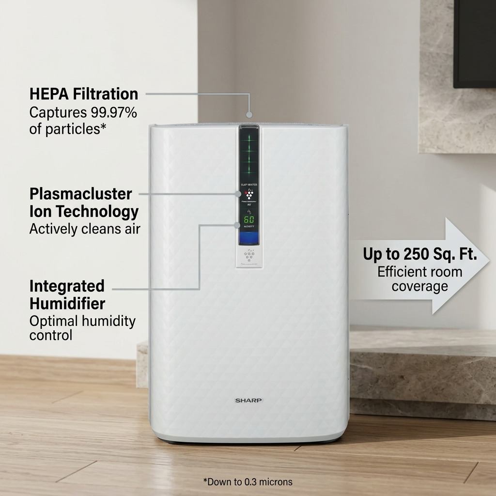 Sharp KC850U Plasmacluster Air Purifier and Humidifier - HEPA Filtration for 250 sq. ft.