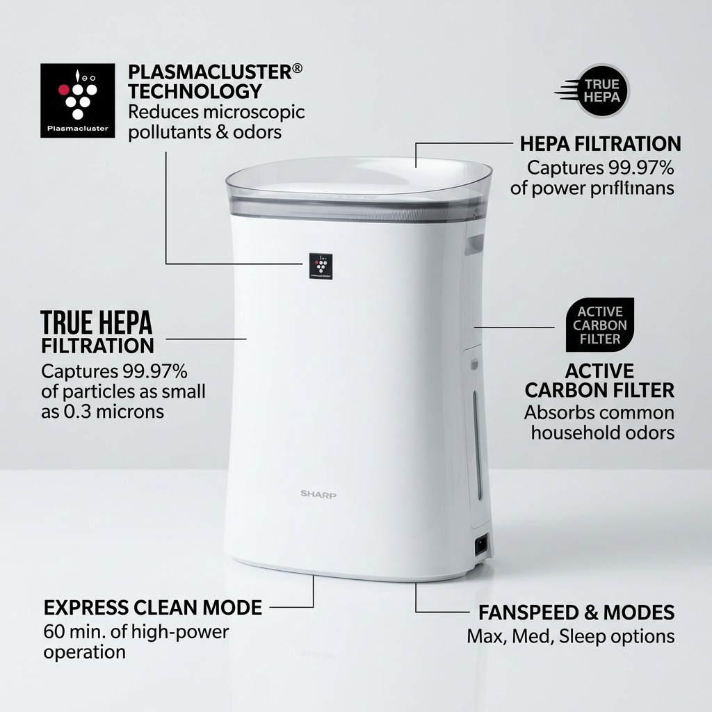 Sharp FPK50UW Plasmacluster Ion Air Purifier - True HEPA 259 sq. ft.