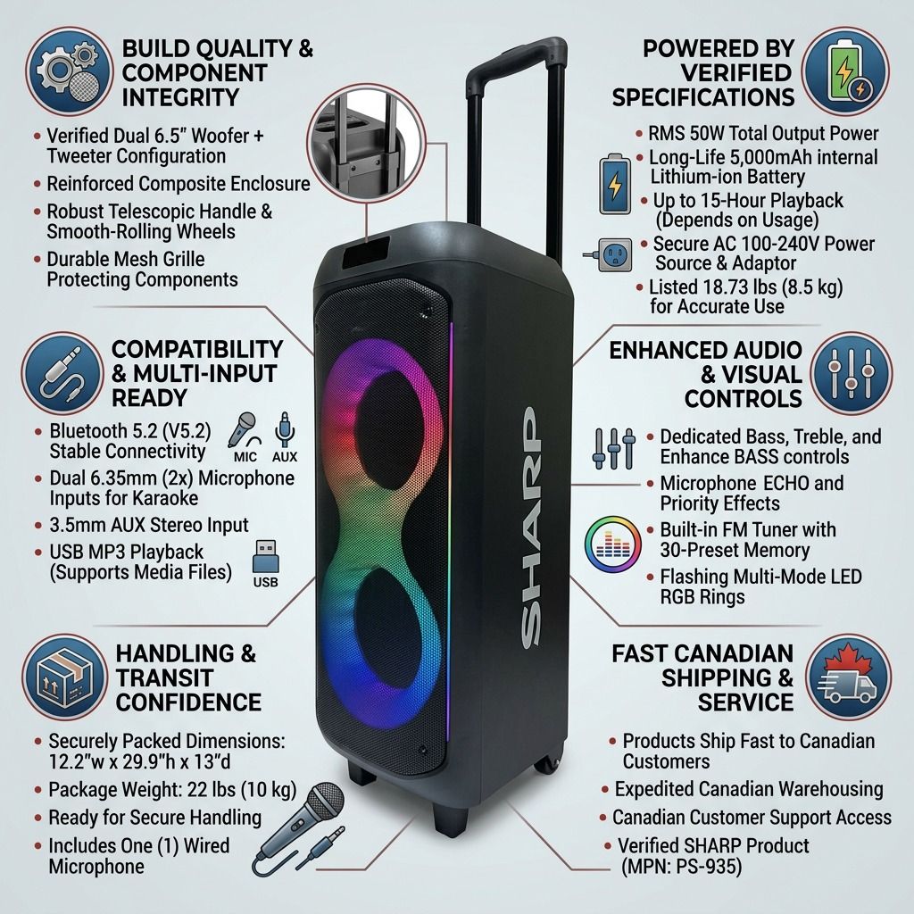 Sharp PS-935 Portable Party Speaker - 50W Rms, 15-Hour Battery, Bluetooth 5.2 & Karaoke