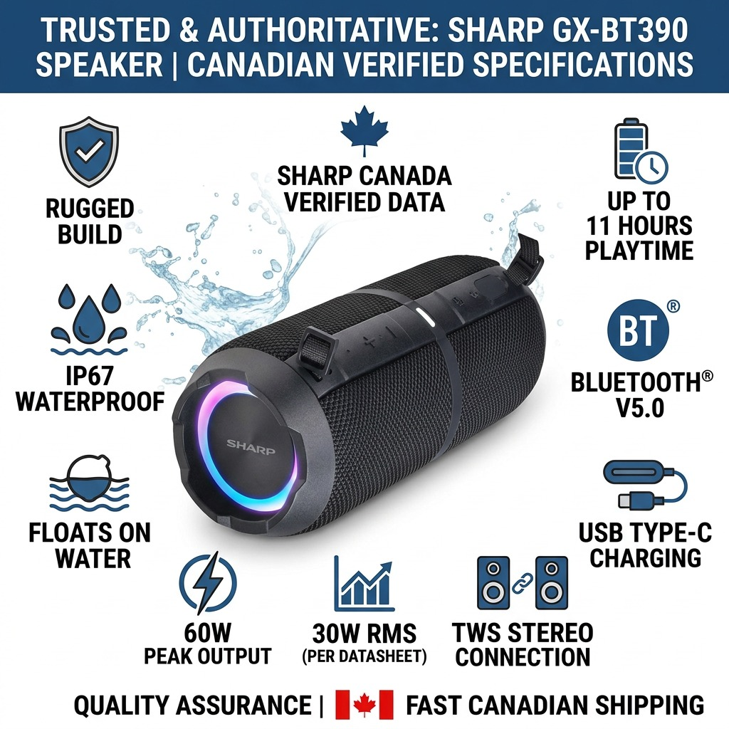 Sharp GX-BT390 Crystal Clear 60W Rugged Waterproof Bluetooth Speaker - Black