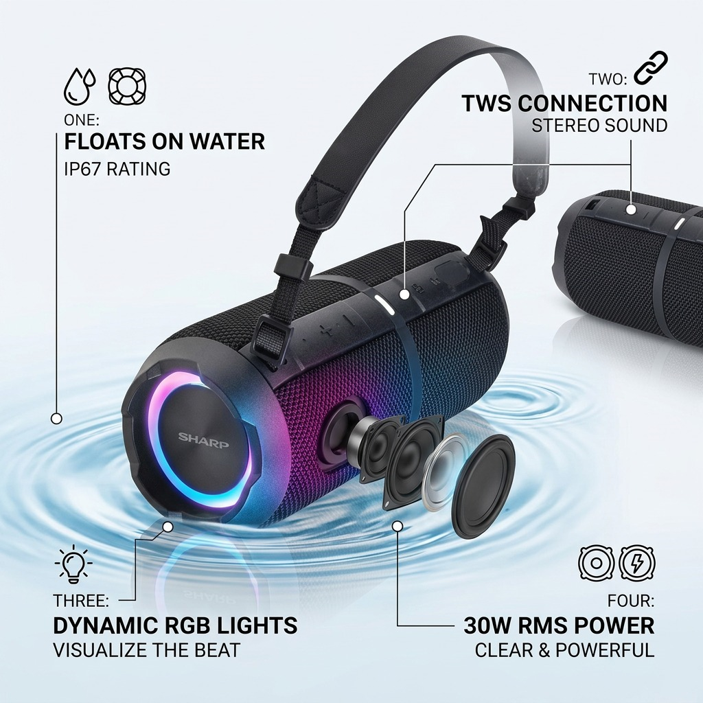 Sharp GX-BT390 Crystal Clear 60W Rugged Waterproof Bluetooth Speaker - Black