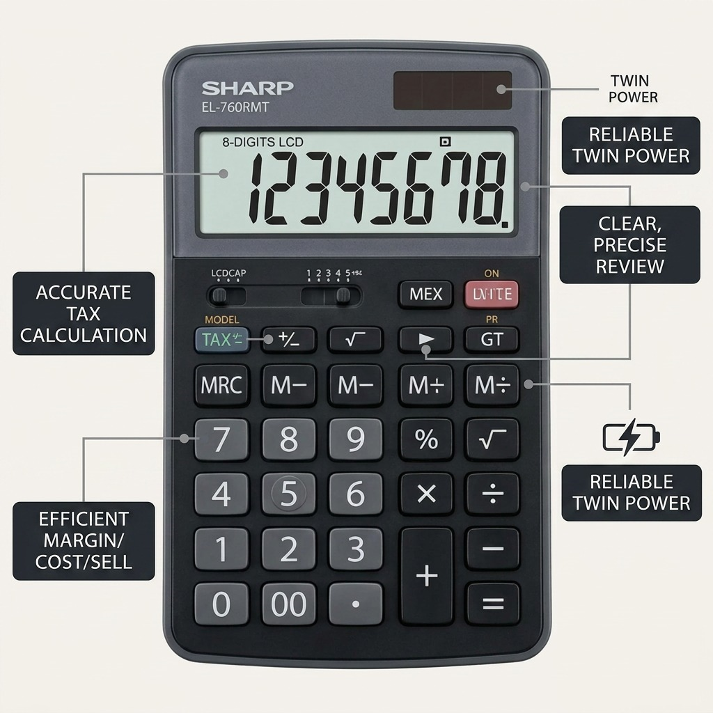 Sharp EL-760RMT Twin Power XL 8-Digit Professional Desktop Calculator - Battery & Solar Powered