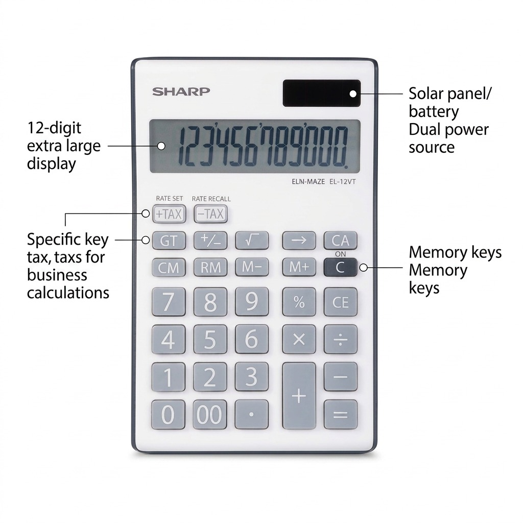 Sharp EL-124TGY Twin Power 12-Digit Desktop Calculator - Grey