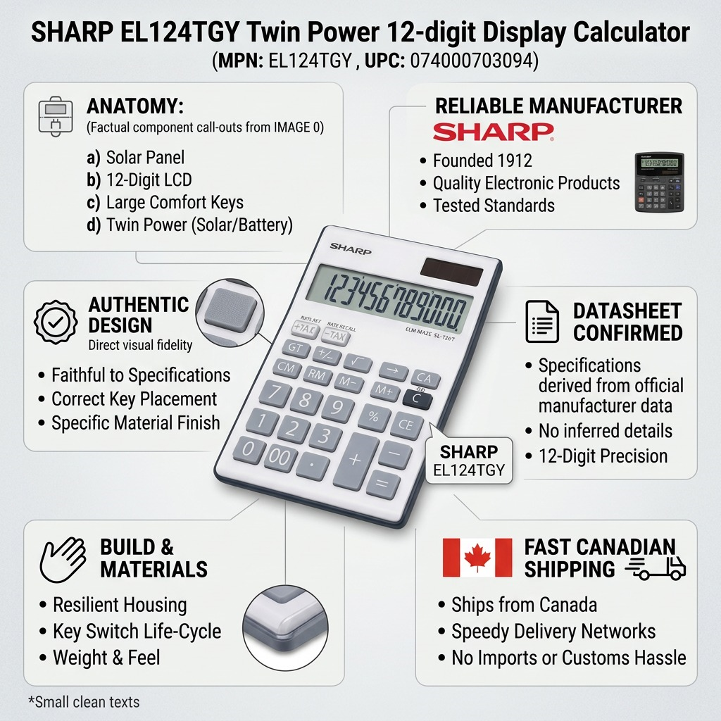 Sharp EL-124TGY Twin Power 12-Digit Desktop Calculator - Grey