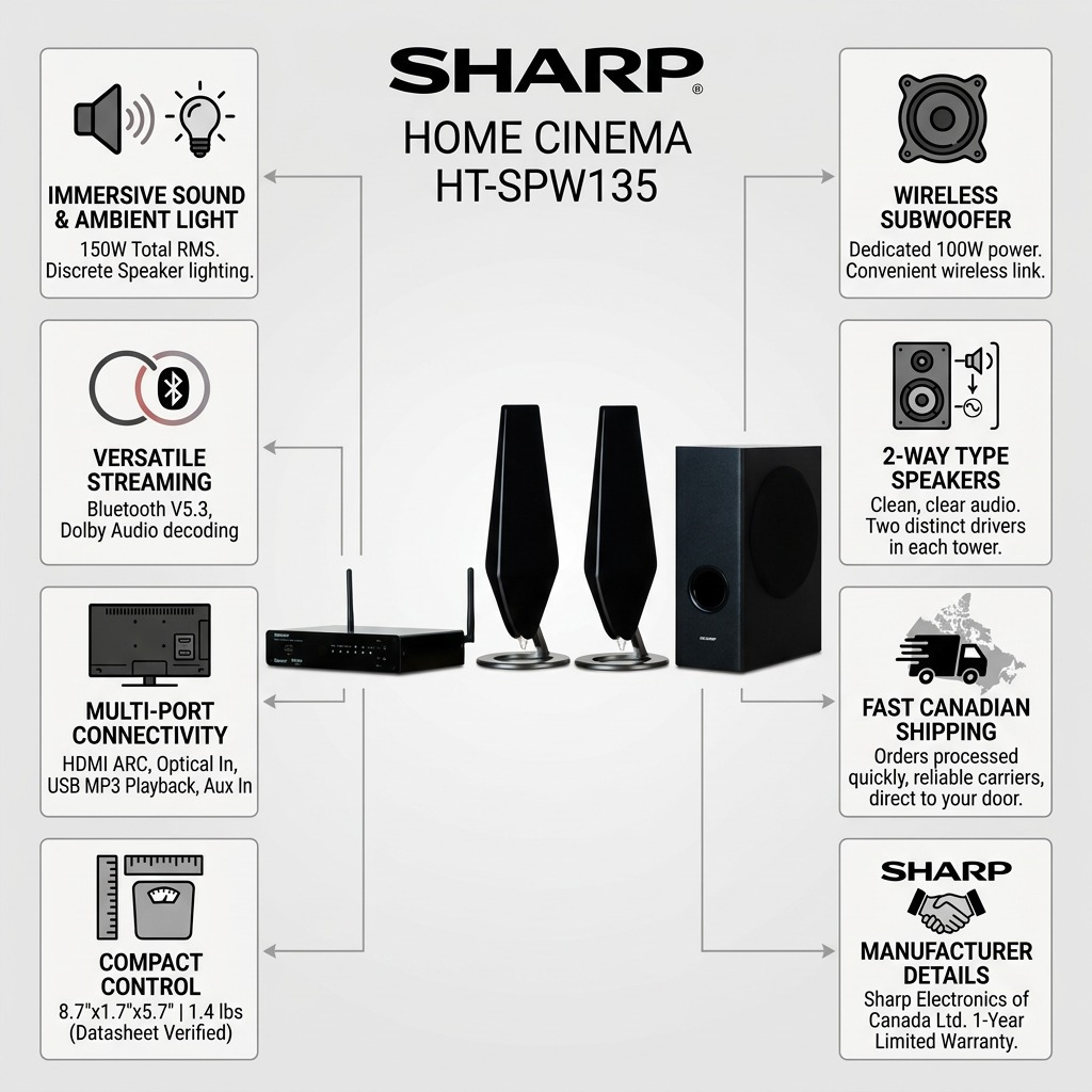 Sharp HT-SPW135 2.1 Channel Home Cinema Soundbar with Wireless Subwoofer and Ambient Lighting (150W Rms)
