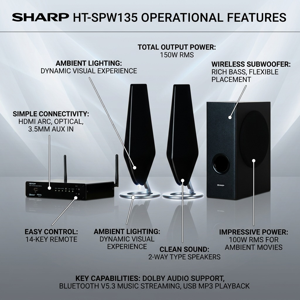 Sharp HT-SPW135 2.1 Channel Home Cinema Soundbar with Wireless Subwoofer and Ambient Lighting (150W Rms)