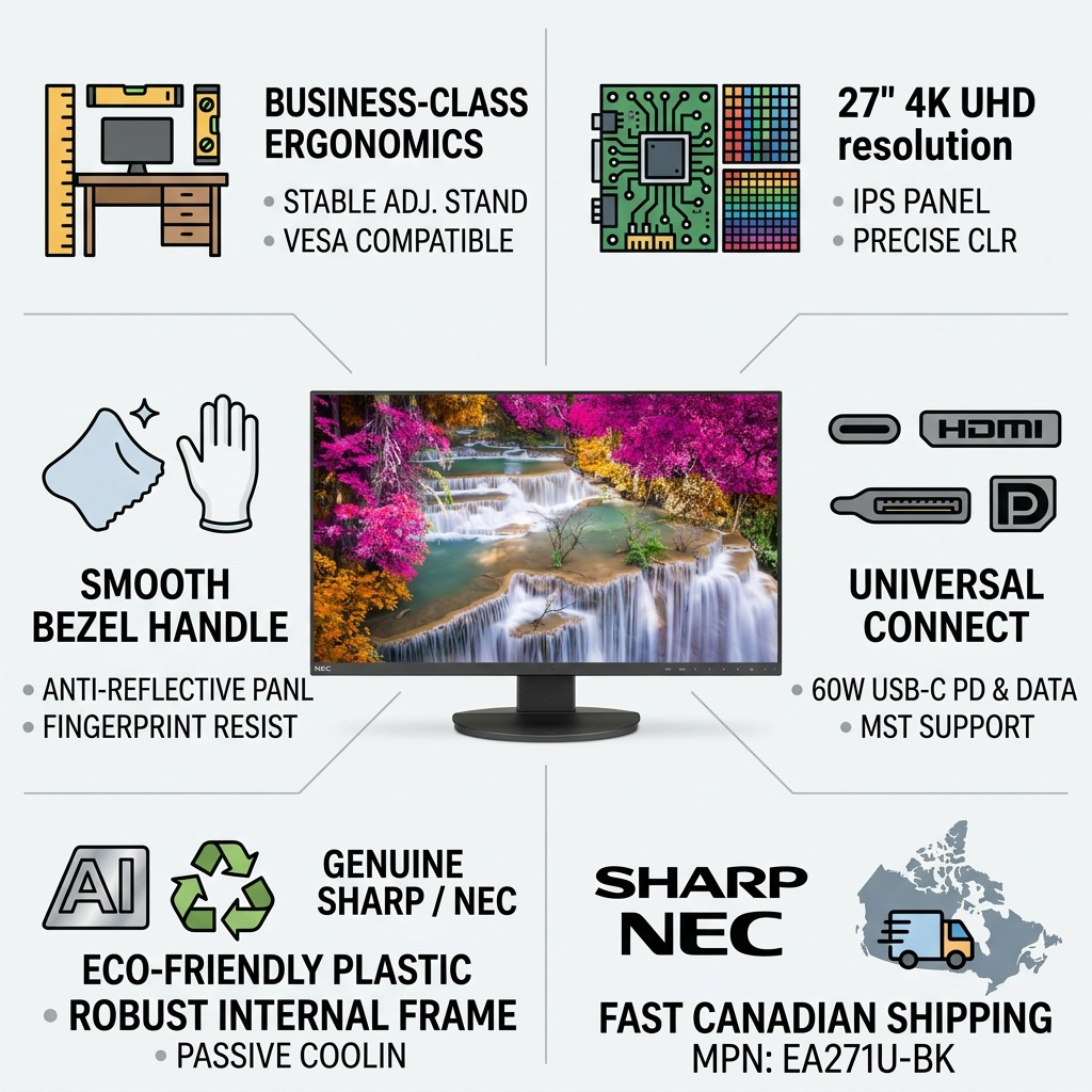 Sharp/NEC EA271U-BK 27" 4K UHD Business - Class Widescreen Desktop Monitor w/ Ultra - Narrow Bezel and USB-C Charging