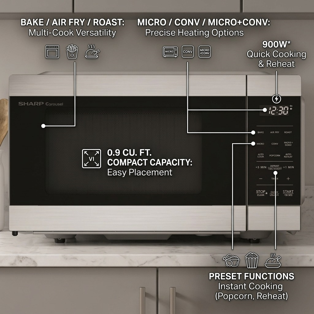 Sharp SMC0985KSC 3-in-1 Convection Microwave Oven Air Fryer - 0.9 cu. ft. 900W Stainless Steel