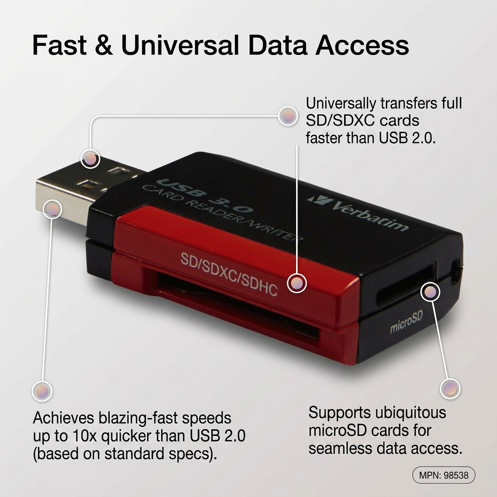 Feature callout graphic shows a Verbatim card reader with labels for fast transfers and universal card support to translate technical capabilities to benefits.