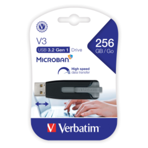 Verbatim 256GB Store 'n' Go V3 USB 3.2 Gen 1 Flash Drive – Gray (49168)