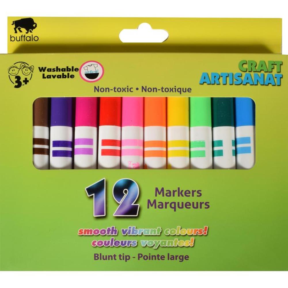 Buffalo Washable Broad-Tip Markers - Set of 12 Assorted Colors