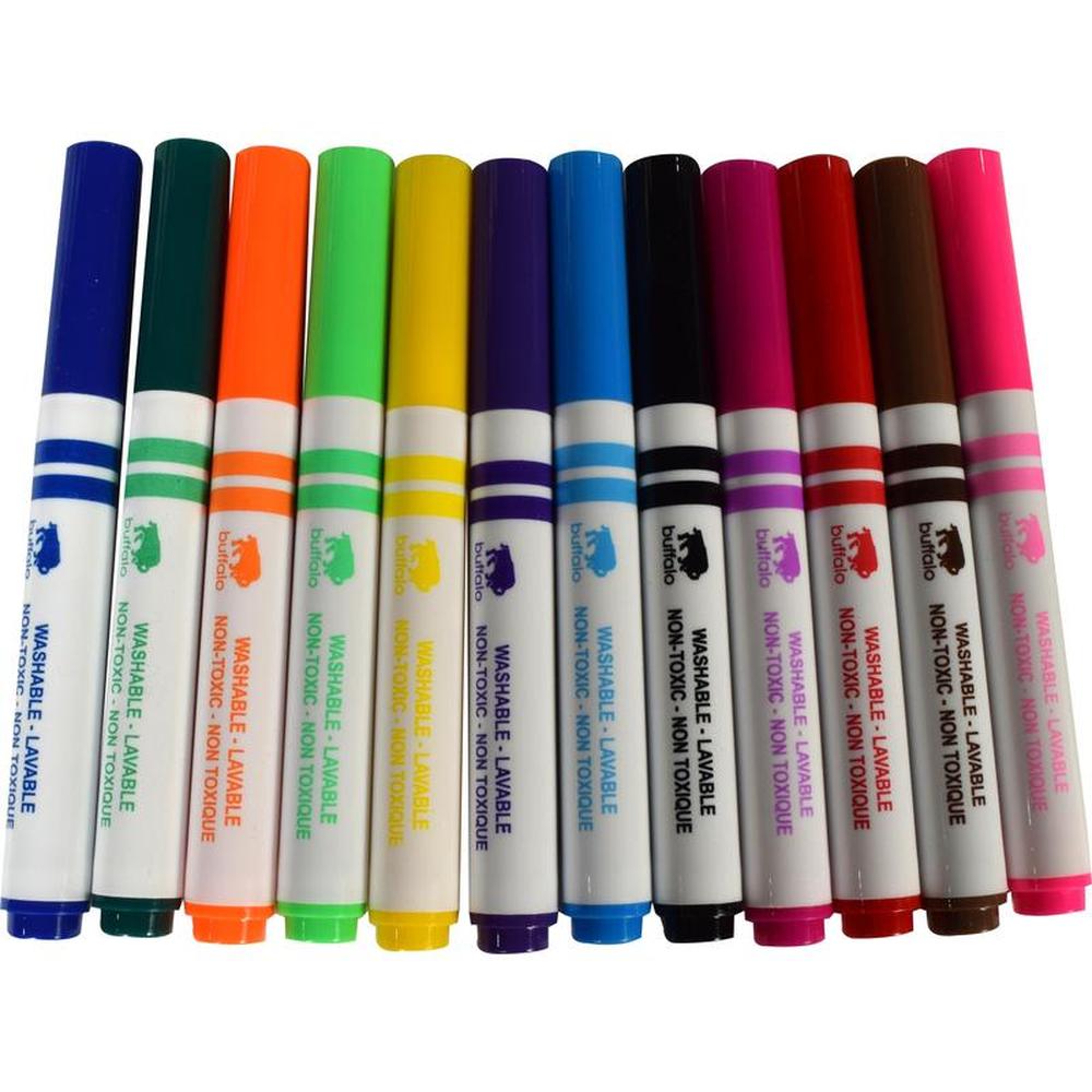 Buffalo Washable Broad-Tip Markers - Set of 12 Assorted Colors