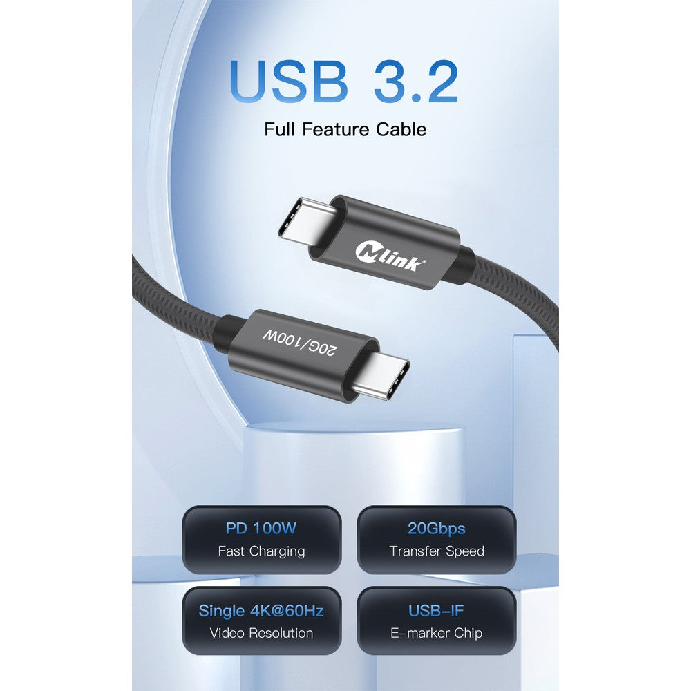 Câble USB-C Thunderbolt 3.2 PD100W 20 Gbit/s en nylon tressé
