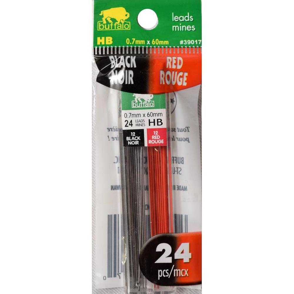 Buffalo HB Pencil Lead Refills 0.7mm Black & Red - Pack of 24