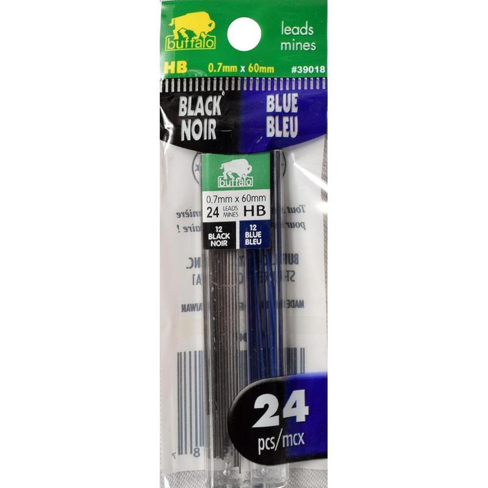 Buffalo HB Pencil Lead Refills 0.7mm Black & Blue - Pack of 24