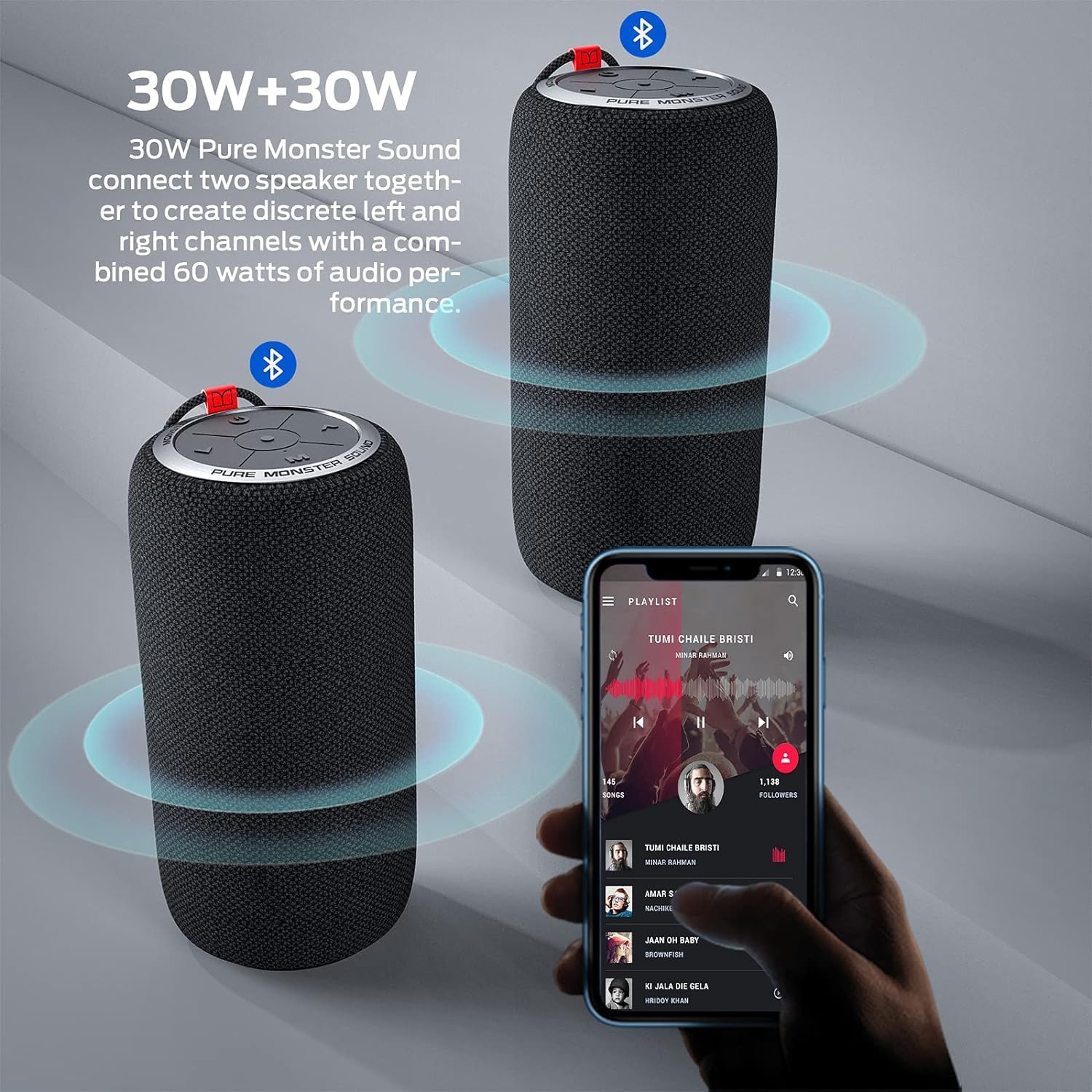 Monster S310 Haut-parleur Bluetooth portable, véritable appariement stéréo sans fil de 30W - Noir