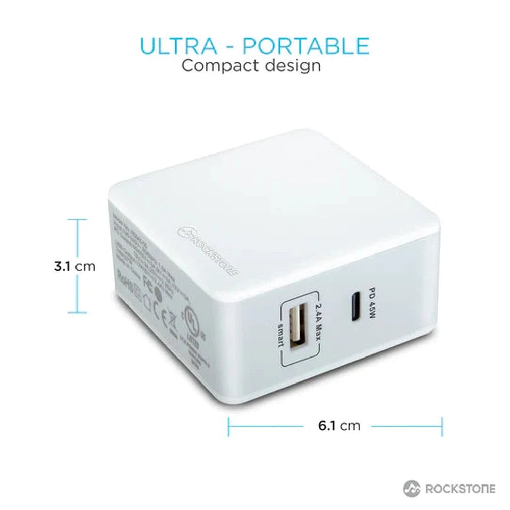 Chargeur USB mural Rockstone PD45 avec port USB 2.4A et USB-C