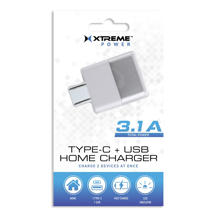 Chargeur maison USB-A 3.1A + USB-C (PD) 15.4W – Blanc