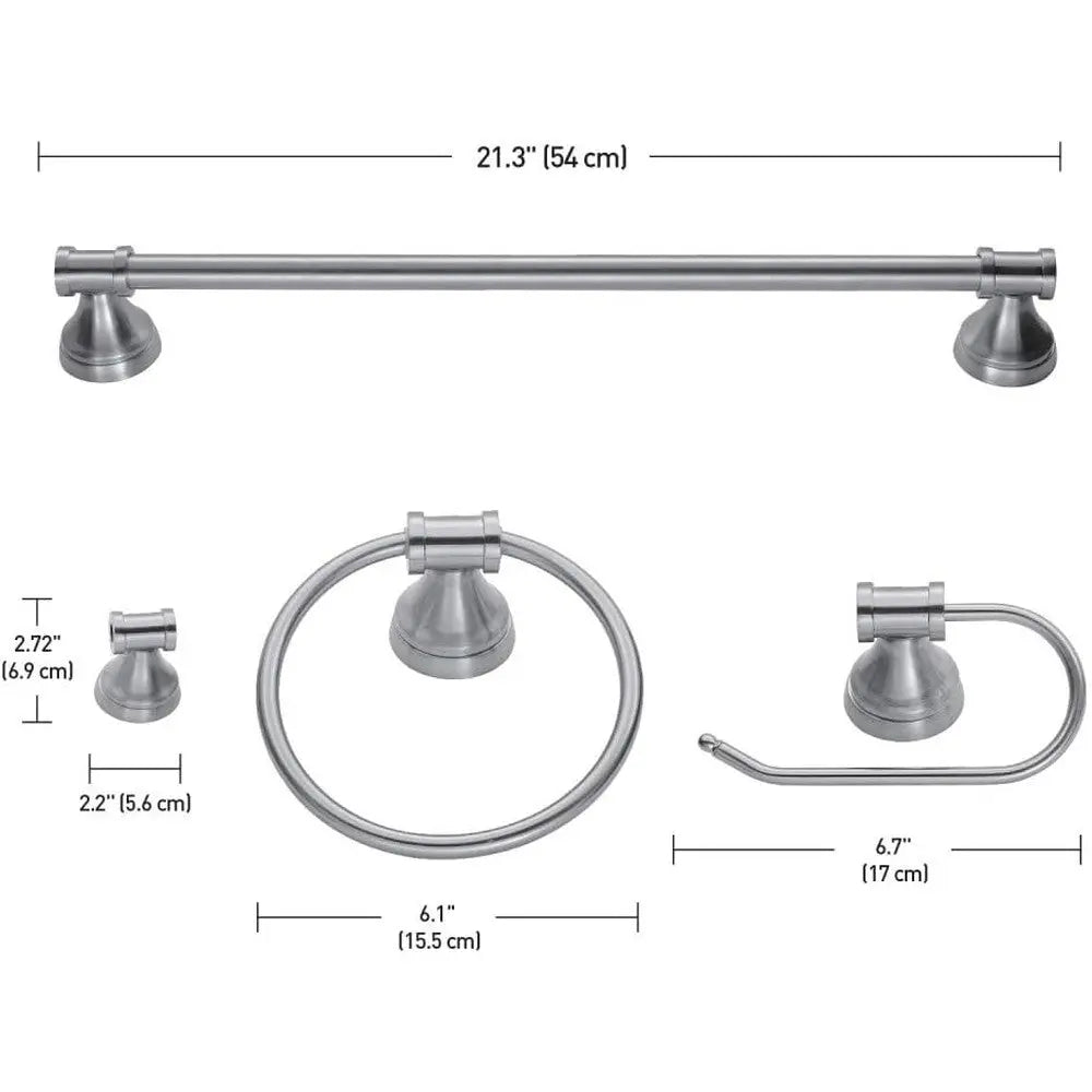 Ensemble de salle de bain luxueux en acier brossé avec luminaire à 3 lumières, barre porte-serviette, support de papier toilette, anneau de serviette et crochet pour peignoir.