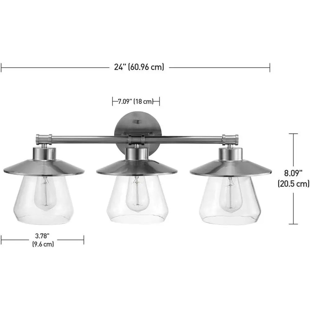 Ensemble de salle de bain luxueux en acier brossé avec luminaire à 3 lumières, barre porte-serviette, support de papier toilette, anneau de serviette et crochet pour peignoir.