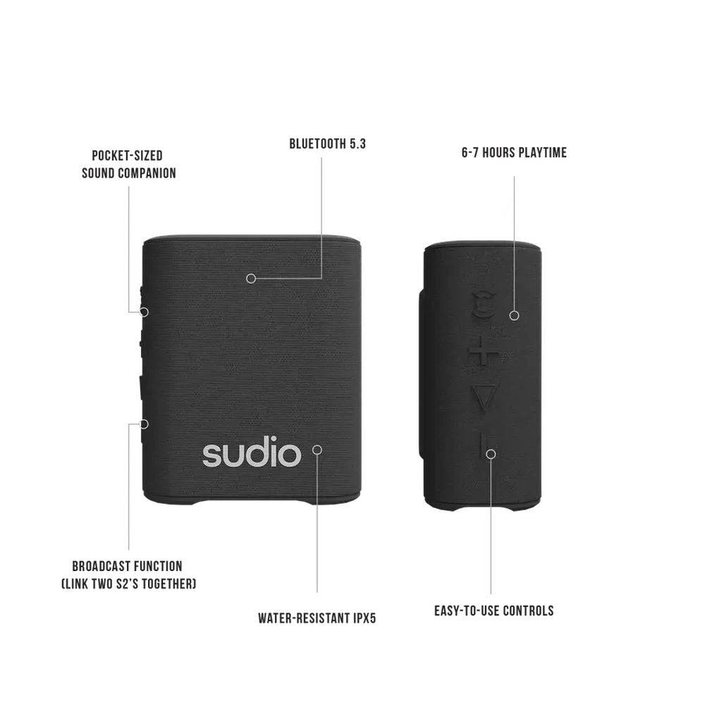 Haut-parleur Bluetooth S2 de Sudio Audio - Noir, Son Exceptionnel et Autonomie de 4,5 Heures