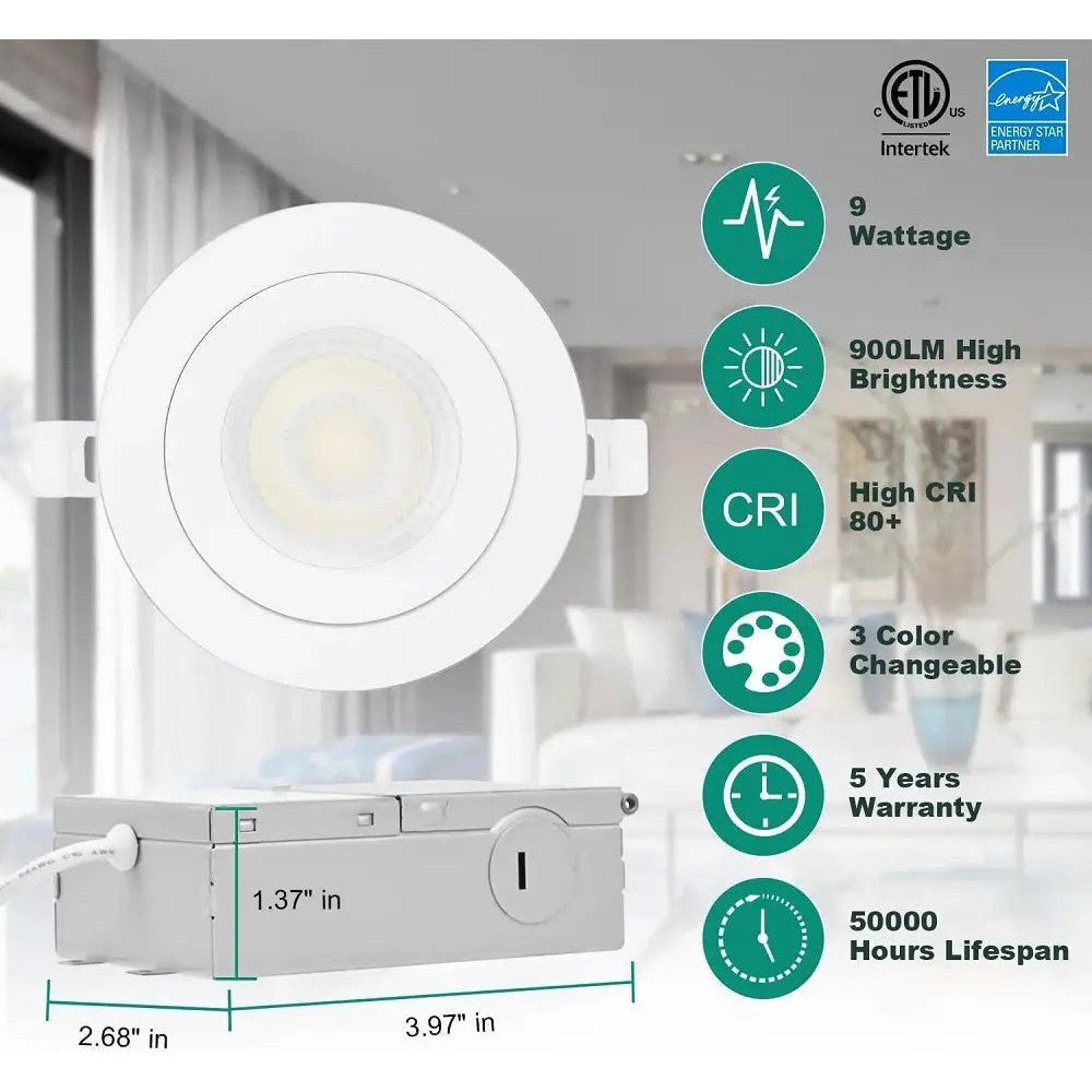 Luminaire encastré LED 4'' pivotant 9W avec sélection de température