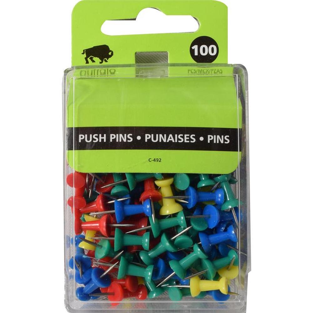 Buffalo Plastic Push Pins Assorted Colors - Pack of 100